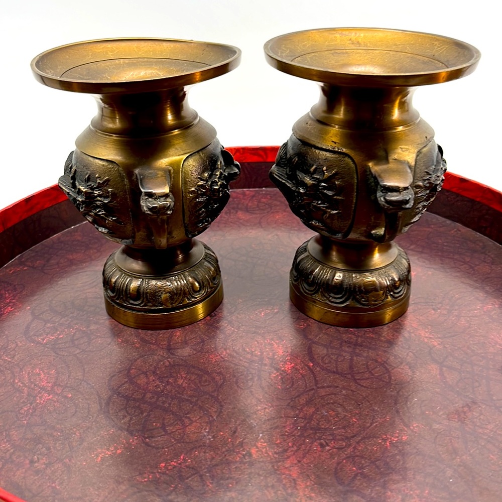 PAIR Vintage Bronze Ceremonial Urn/Vase Figural Birds Floral
